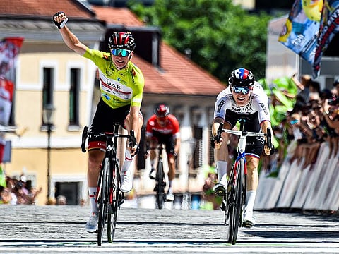 Tadej Pogacar, the two-time winner of the Tour de France, won in the final stage, from Vrhnika to Novo Mesto of 155.7 km, ahead of Matej Mohoric in a two-up sprint, with Rafal Majka 3rd.