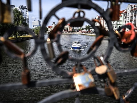 A boat on a river in Kaliningrad. Russia has demanded the immediate lifting of Lithuania's "openly hostile" restrictions on the rail transit of EU-sanctioned goods to Moscow's exclave of Kaliningrad that borders Lithuania and Poland. 