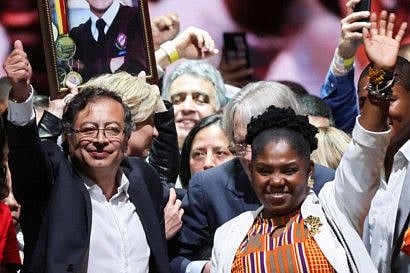Gustavo Petro and Francia Marquez celebrate after Petro's victory in the second round of the presidential election, at the Movistar Arena, in Bogota.