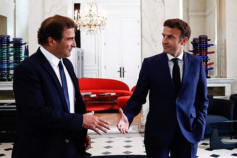French President Emmanuel Macron during his meeting with Christian Jacob, head of Les Republicains party (The Republicans or LR), at the Elysee Palace in Paris, France, on June 21, 2022. French President Emmanuel Macron was holding talks Tuesday with France's main party leaders after his centrist alliance failed to win an absolute majority in parliamentary elections.