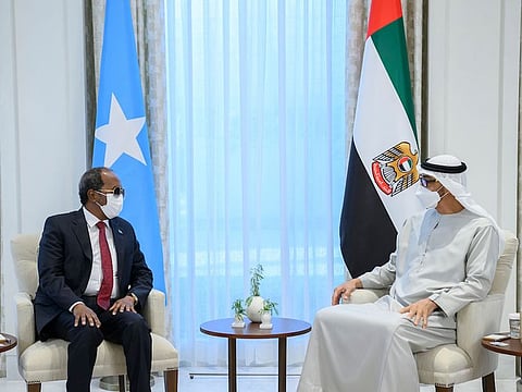 President His Highness Sheikh Mohamed bin Zayed Al Nahyan meets with Somalia President Sheikh Mohamud at Al Shati Palace.