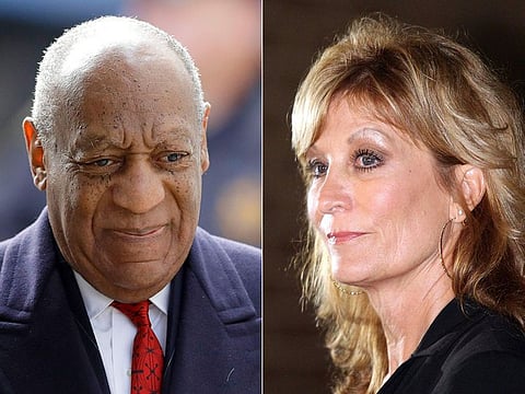 Bill Cosby arrives for his sexual assault trial in Norristown, Pa. on April 20, 2018, left, and Judy Huth appears at a news conference outside the Los Angeles Police Department's Wilshire Division station in Los Angeles on Dec. 5, 2014. 