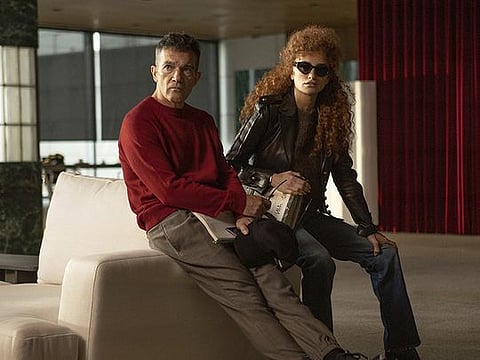 This image released by IFC Films shows Antonio Banderas, left, and Penelope Cruz in a scene from "Official Competition." (IFC Films via AP)