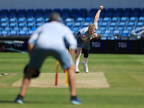 England skipper Ben Stokes bowls during a practice session at Headingley.