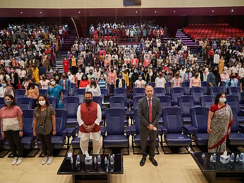 A two-phase event was held at the Sheikh Rashid Auditorium, Oud Metha Campus and other areas in The Indian High School to mark the 8th anniversary of the International Day of Yoga.