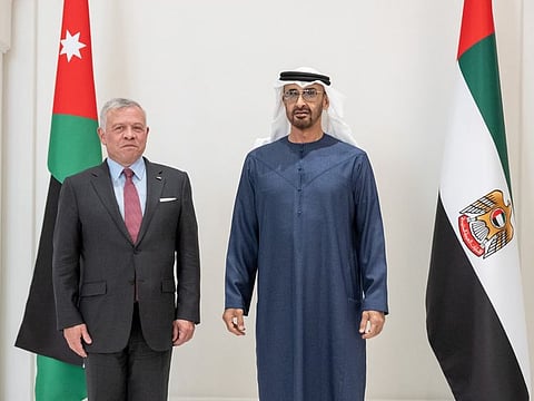 King Abdullah II ibn Al Hussein of Jordan was received by President His Highness Sheikh Mohamed bin Zayed Al Nahyan upon his arrival in Abu Dhabi today. 