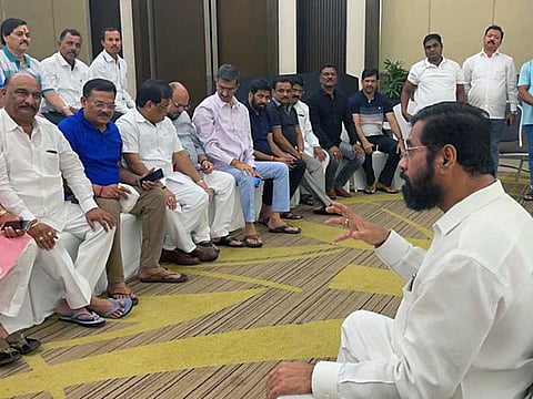Rebel Maharashtra Shiv Sena MLAs unanimously chose party leader Eknath Shinde as their leader, at the Radisson Blu Hotel, in Guwahati on Thursday, June 23, 2022. 