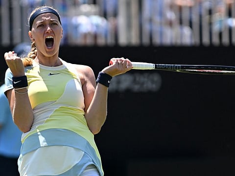Czech Republic's Petra Kvitova reacts after beating Brazil's Beatriz Haddad Maia in their women's singles semi-final in Eastbourne on Friday.