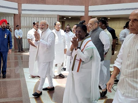 National Democratic Alliance (NDA)'s Presidential candidate Droupadi Murmu accompanied by Prime Minister Narendra Modi, Defence Minister Rajnath Singh, Union Home Minister Amit Shah and Bharatiya Janata Party (BJP) National President JP Nadda at the Parliament during filing her nomination papers, in New Delhi on Friday, June 24, 2022.