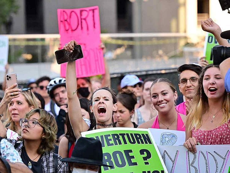 Abortion rights activists protest after the overturning of Roe Vs. Wade by the US Supreme Court, in Downtown Los Angeles. 