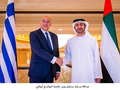 Abdullah Bin Zayed receives Greek Foreign Minister Nikos Dendias during his visit to UAE.