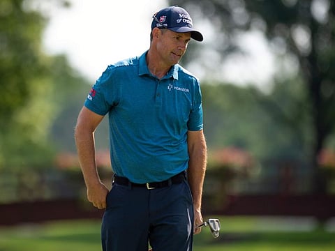 Padraig Harrington walks off the ninth hole during the third round of the U.S. Senior Open golf championship at Saucon Valley Country Club.