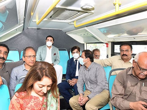  Bilawal and other officials riding the bus on Monday.