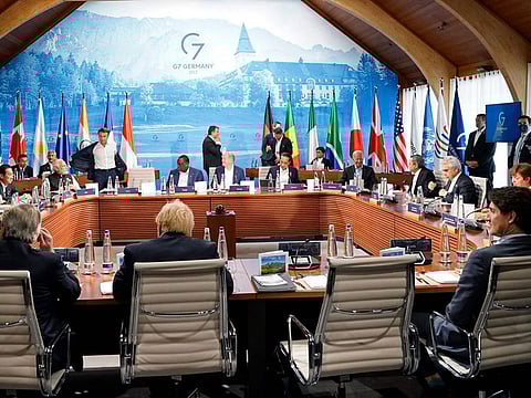 G7 representatives at the start of their fifth working session on climate on June 27, 2022 at Elmau Castle, southern Germany, during the G7 Summit. The conflict in the Ukraine is also on the agenda.  