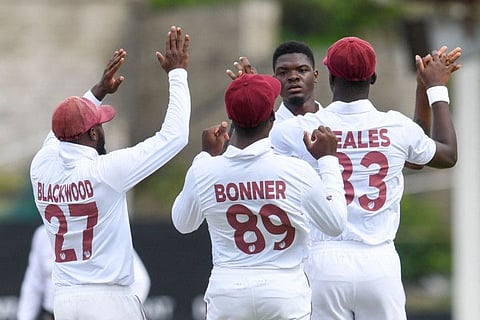West Indies' Alzarri Joseph (second from right) celebrates the dismissal of Mehidy Hasan Miraz of Bangladesh during the fourth day of the second Test at Darren Sammy Cricket Ground in Gros Islet, Saint Lucia, on Monday.