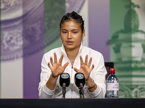Britain's Emma Raducanu during a press conference after losing her second round match against France's Caroline Garcia in Wimbledon Championships on Wednesday.
