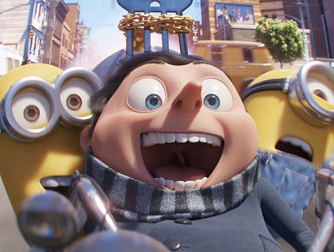 This image released by Universal Pictures shows characters, from left, Kevin, Gru, voiced by Steve Carell, and Stuart in a scene from "Minions: The Rise of Gru."