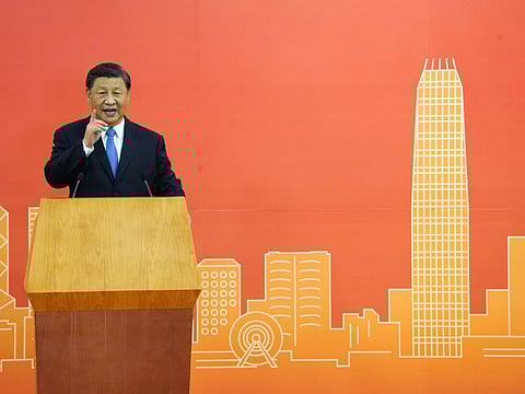 Xi Jinping, China's president, speaks at the West Kowloon Station in Hong Kong, China, on Thursday, June 30, 2022.