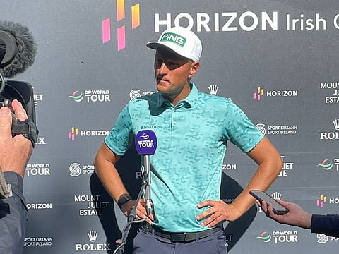 Adrian Meronk addresses his media obligations after third round's play at Horizon Irish Open at Mount Juliet Estate, Ireland.