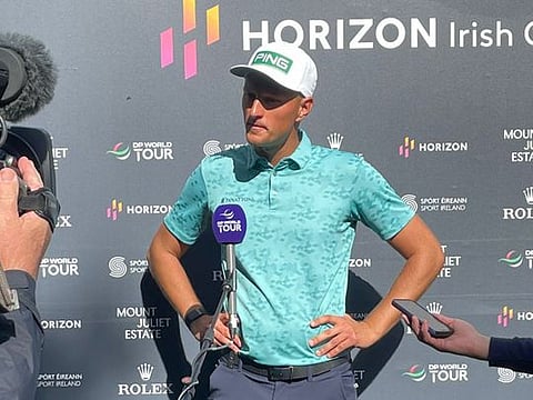 Adrian Meronk addresses his media obligations after third round's play at Horizon Irish Open at Mount Juliet Estate, Ireland.