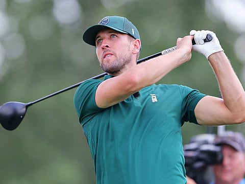 England football captain Harry Kane plays his tee shot during his Singles match at the ICON Series at Liberty National Golf Club in Jersey City, New Jersey on Friday.