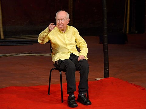 Peter Brook at the Bouffes du Nord theatre in Paris on August 31, 2015. 