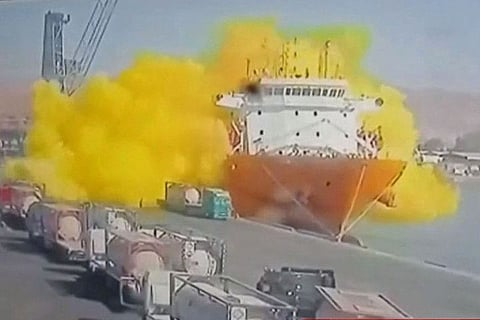 This image grab taken from a CCTV footage broadcasted by Jordan's Al Mamlaka TV on June 27, 2022 shows the moment of a toxic gas explosion in Jordan's Aqaba port.  