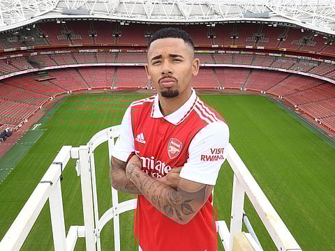 Looking good... Brazilian international Gabriel Jesus poses in the new Arsenal home shirt.