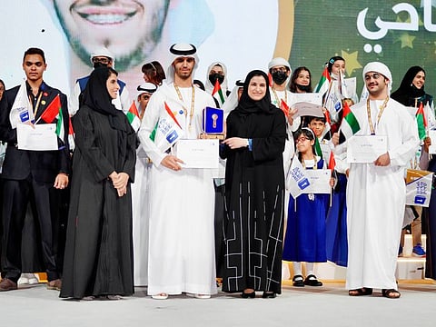 Mohammed Ali Al Yamahi being crowned the winner of the UAE Arab Reading Challenge in Dubai on Monday. 