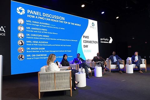 A panel discussion on the theme ‘How a PMO Can Reach the Top of the World’ in progress at the launch of the first PMO Global Alliance UAE Community Hub in Dubai.