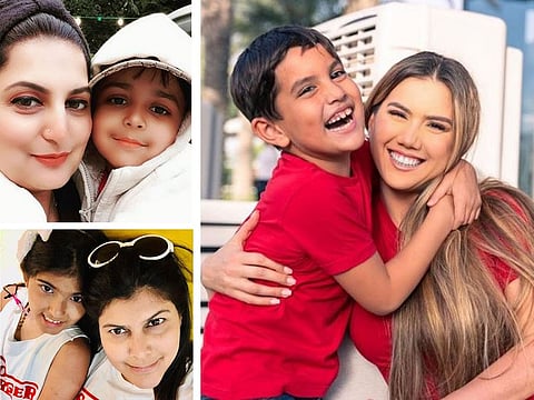 Clockwise from top left: Samereen Bukhari with her son; Nilufar Yuldash with her son; and Alison Rego with her daughter.