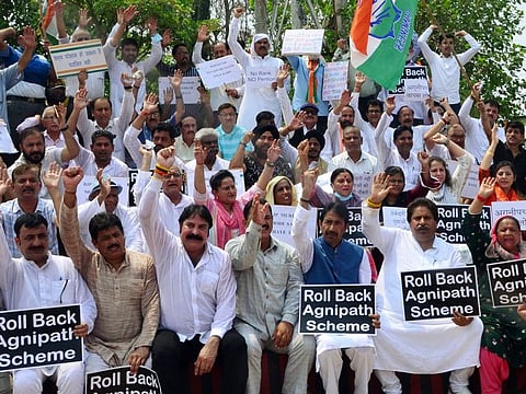 Congress supporters protest against the Agnipath Recruitment Scheme for the Armed Forces in Jammu, India, on June 27, 2022.  Soon after the scheme was announced on June 20, violent protests raged across the country before it went quiet. 