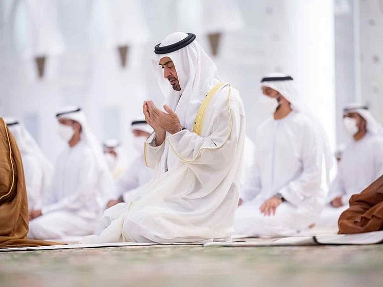 President His Highness Sheikh Mohamed bin Zayed Al Nahyan (centre), attends Eid Al Adha prayers, at the Sheikh Zayed Grand Mosque.