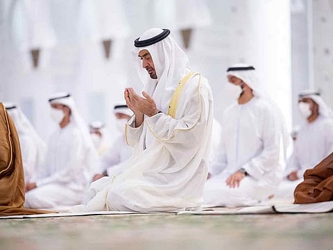 President His Highness Sheikh Mohamed bin Zayed Al Nahyan (centre), attends Eid Al Adha prayers, at the Sheikh Zayed Grand Mosque. 