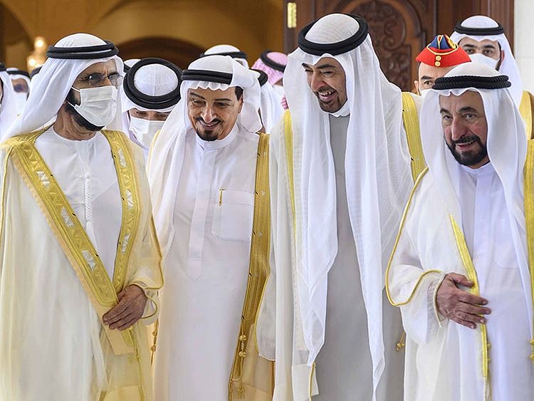 From left: Sheikh Mohamed bin Rashid Al Maktoum, Vice-President and Prime Minister of the UAE, Ruler of Dubai, Sheikh Humaid bin Rashid Al Nuaimi, UAE Supreme Council Member and Ruler of Ajman, Sheikh Mohamed bin Zayed Al Nahyan, President of the United Arab Emirates and Sheikh Dr Sultan bin Mohamed Al Qasimi, UAE Supreme Council Member and Ruler of Sharjah, attend an Eid Al Adha reception, at Mushrif Palace.