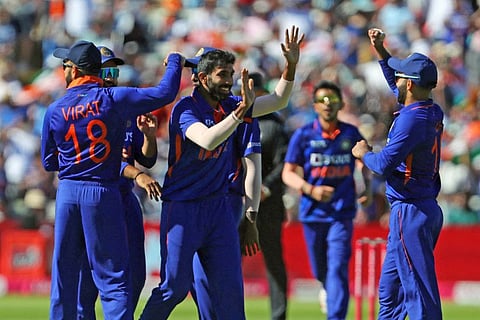 Indian players celebrate a dismissal during the second T20I against England at Edgbaston Stadium in Birmingham on Saturday.