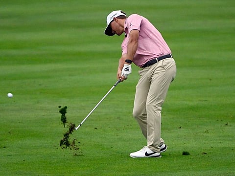 Max McGreevy hits on the 18th hole during the second round of the Barbasol Championship golf tournament on Saturday.