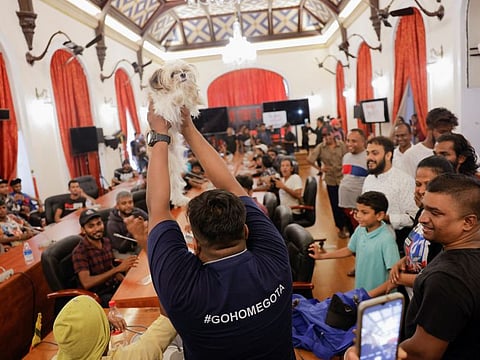 A demonstrator shows a dog as the new "Wildlife Minister" at the President Gotabaya Rajapaksa's cabinet meeting room, at the President's house, on the following day after demonstrators entered the building, after President Gotabaya Rajapaksa fled, amid the country's economic crisis, in Colombo, on July 10, 2022.  