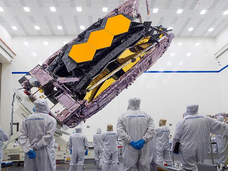 The James Webb Space Telescope is packed up for shipment to its launch site in Kourou, French Guiana in an undated photograph at Northrop Grumman's Space Park in Redondo Beach, California.  