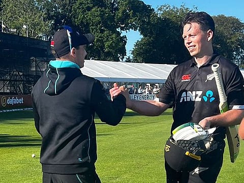 Michael Bracewell is congratulated by his teammates after guiding the Black Caps to a thrilling one-wicket win over Ireland.