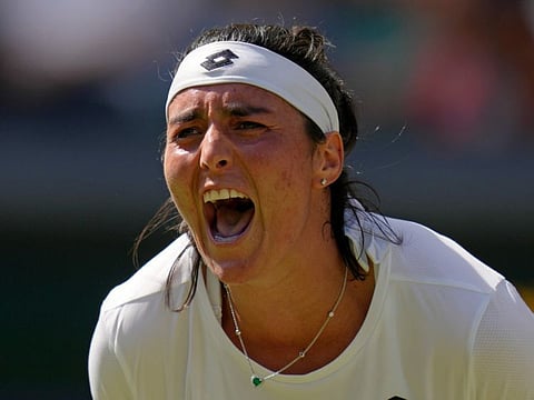 Tunisia's Ons Jabeur reacts after losing a point to Kazakhstan's Elena Rybakina in the women's singles final at Wimbledon Championships in London on Saturday.
