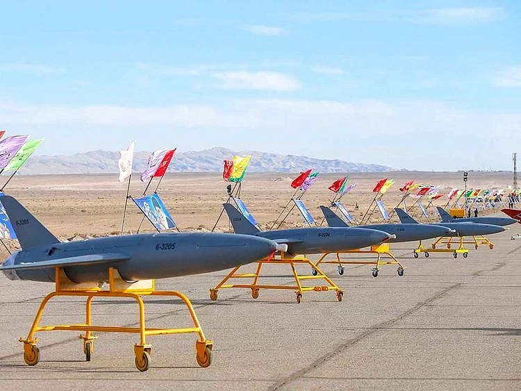  This file handout photo made available by the Iranian Army office on January 5, 2021, shows drones on display prior to a military drone drill at an undisclosed location in central Iran. 