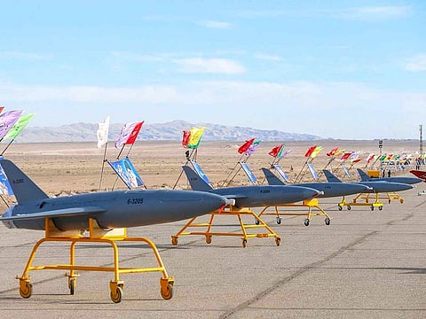  This file handout photo made available by the Iranian Army office on January 5, 2021, shows drones on display prior to a military drone drill at an undisclosed location in central Iran. 