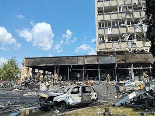 A general view of the site of a military strike, as Russia's attack on Ukraine continues, in Vinnytsia, Ukraine July 14, 2022.