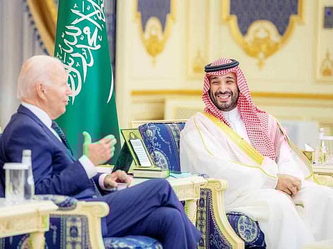 Saudi Arabia's Crown Prince Mohammed bin Salman (right) and US President Joe Biden meet at Al Salam Palace in Jeddah, on July 15, 2022. 