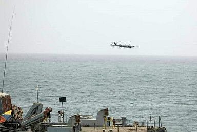 This handout picture provided by the Iranian Army official website shows a military unmanned aerial vehicle (UAV or drone) launched from an Iranian navy vessel in the Indian ocean on July 15 2022.  