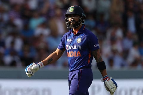 India's Virat Kohli reacts a he leaves the pitch after losing his wicket during the Second Royal London One Day International (ODI) cricket match between England and India at the Lord's cricket ground in London.