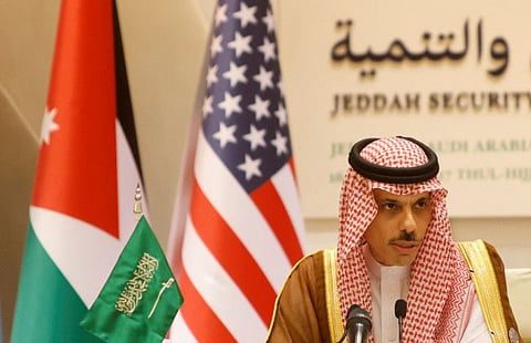 Saudi Arabian Foreign Minister Prince Faisal bin Farhan Al Saud speaks during a news conference, following an Arab summit with US President Joe Biden, in Jeddah, on July 16, 2022. 