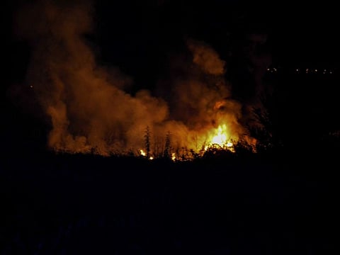 Flames rise at the crash site of an Antonov An-12 cargo plane near Kavala, Greece.
