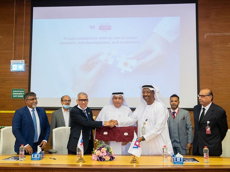 Burjeel Hospital and RAKMHSU officials exchanging MoU documents during the signing ceremony held at Burjeel Hospital Abu Dhabi.